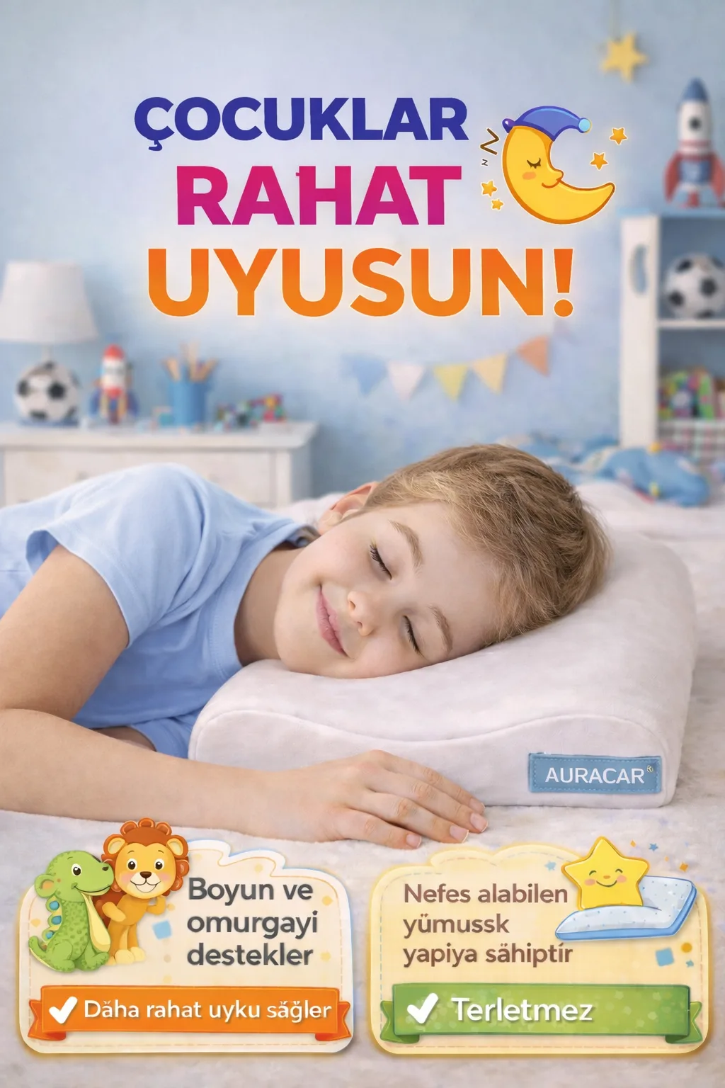 Çocuk Ortopedik Visco Yastık 50x30 cm - Boyun Destekli Ergonomik Uyku Yastığı