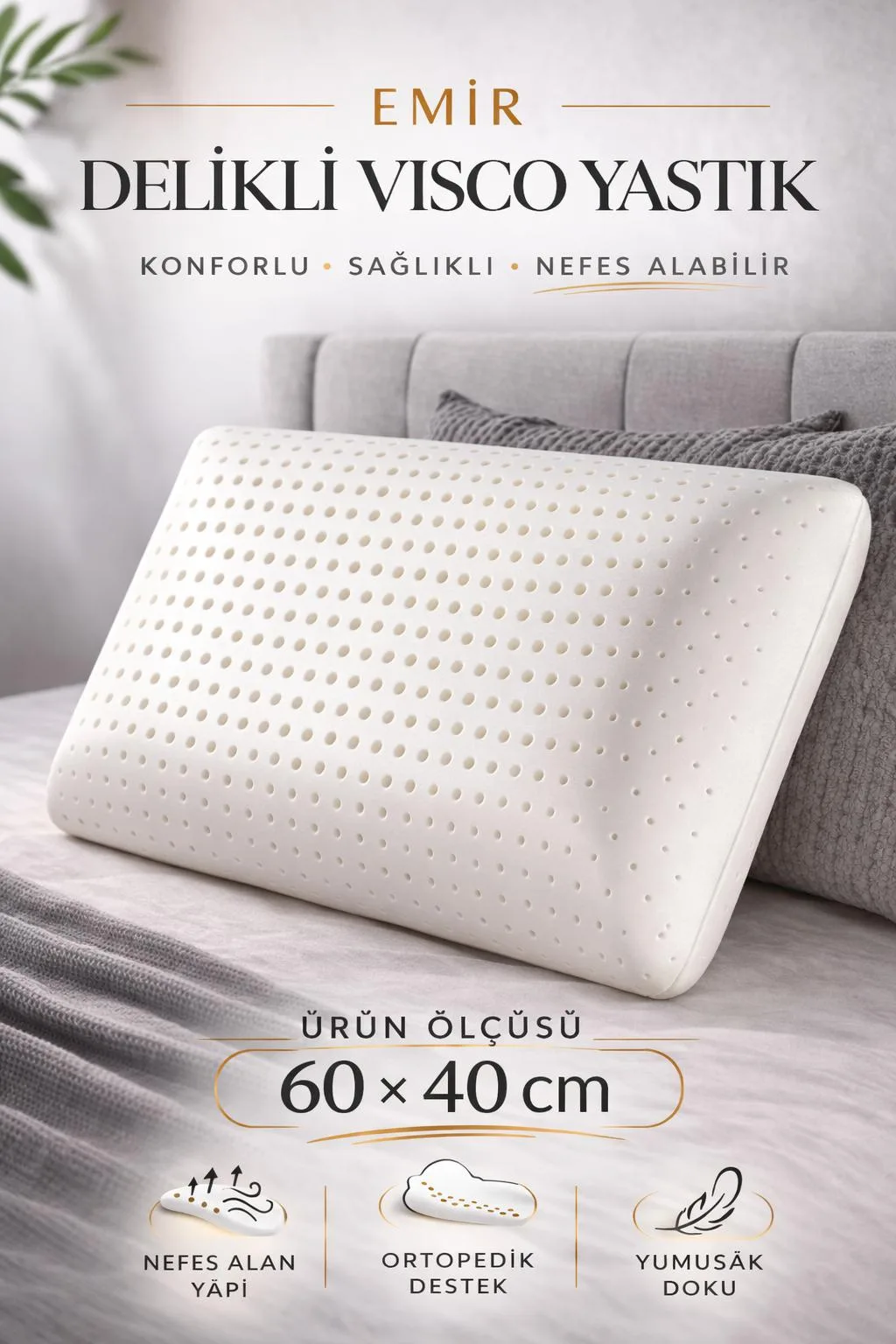 Emir Delikli Visco Yastık 60x40 cm Memory Foam Ortopedik Boyun Destekli Nefes Alabilen Uyku Yastığı