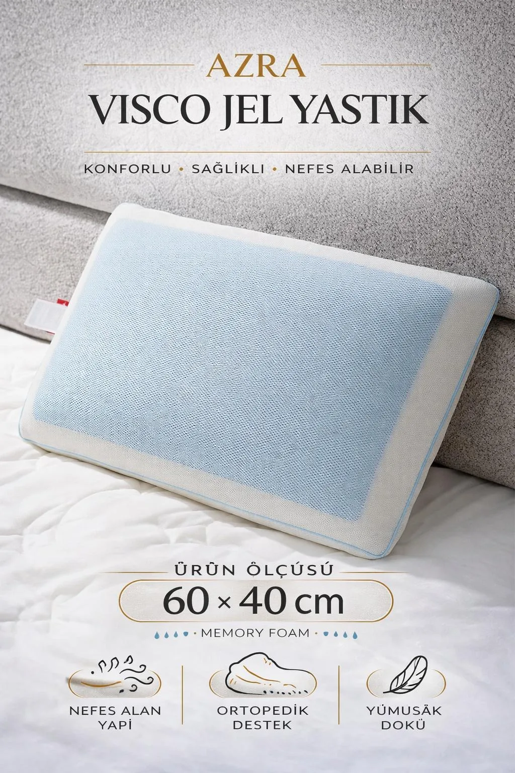 Ortopedik Visco Jel Yastık 50x30 cm - Soğutucu Yastık
