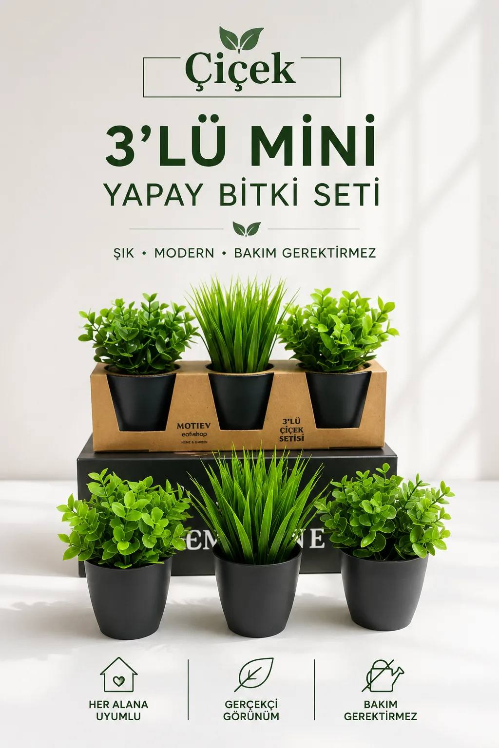 3’lü Mini Yapay Bitki Seti – Dekoratif Saksılı Modern Masa Üstü