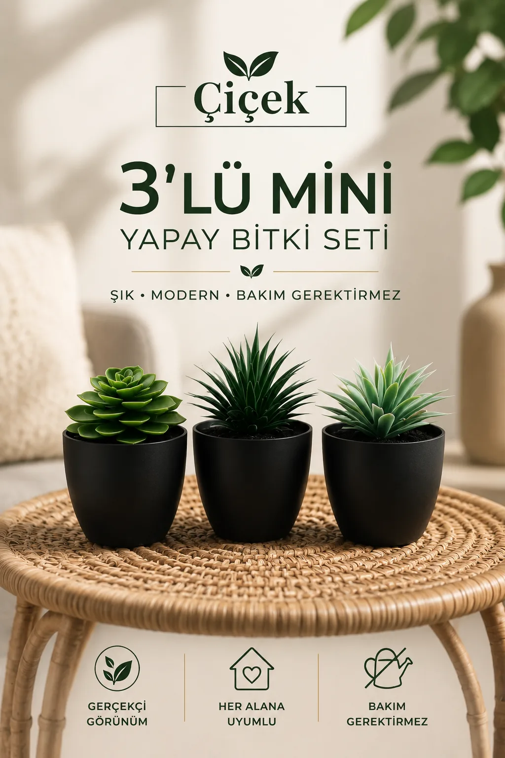 Premium 3’lü Yapay Sukulent Yapay Seti – Modern Ev ve Ofis Dekoru